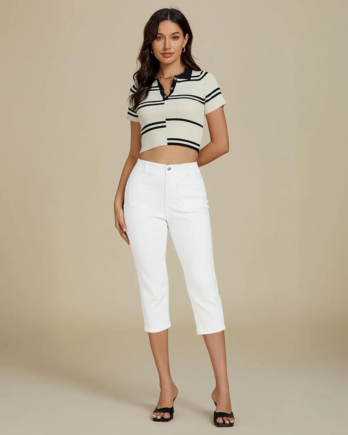 luvamia Capris Jeans for Women Trendy High Waisted Patch Pocket Casual Summer Cropped Stretchy Denim Skinny Capri Pants