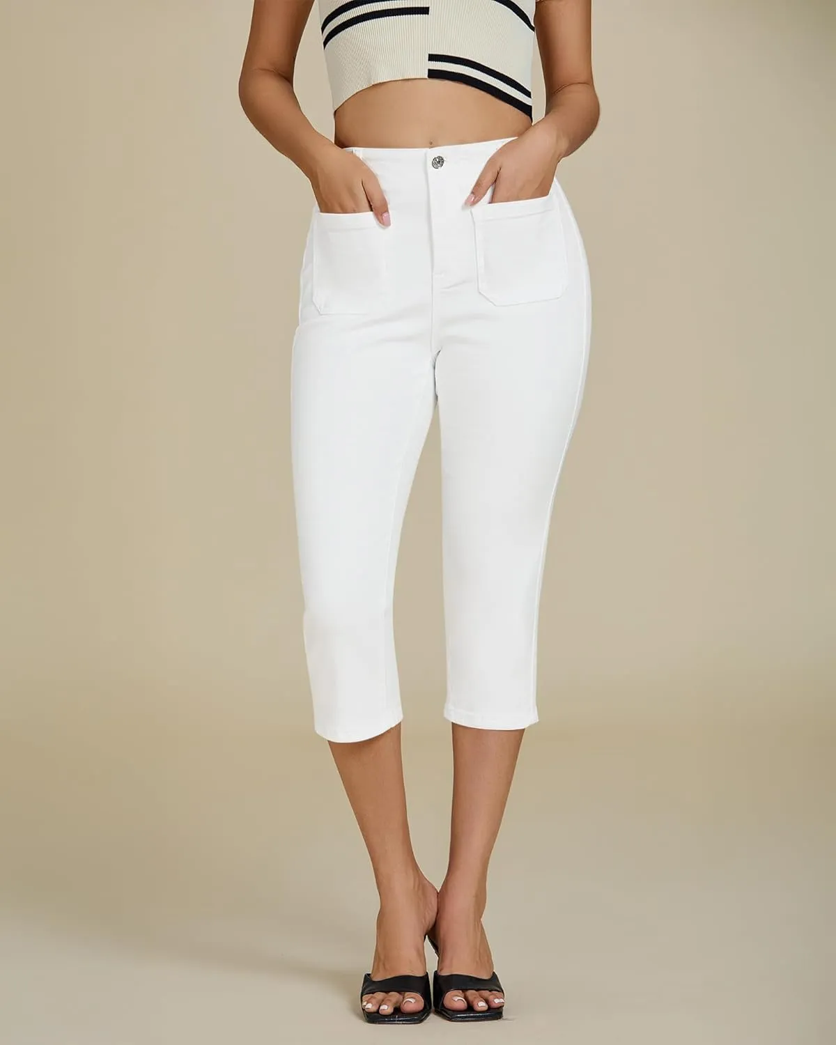 luvamia Capris Jeans for Women Trendy High Waisted Patch Pocket Casual Summer Cropped Stretchy Denim Skinny Capri Pants