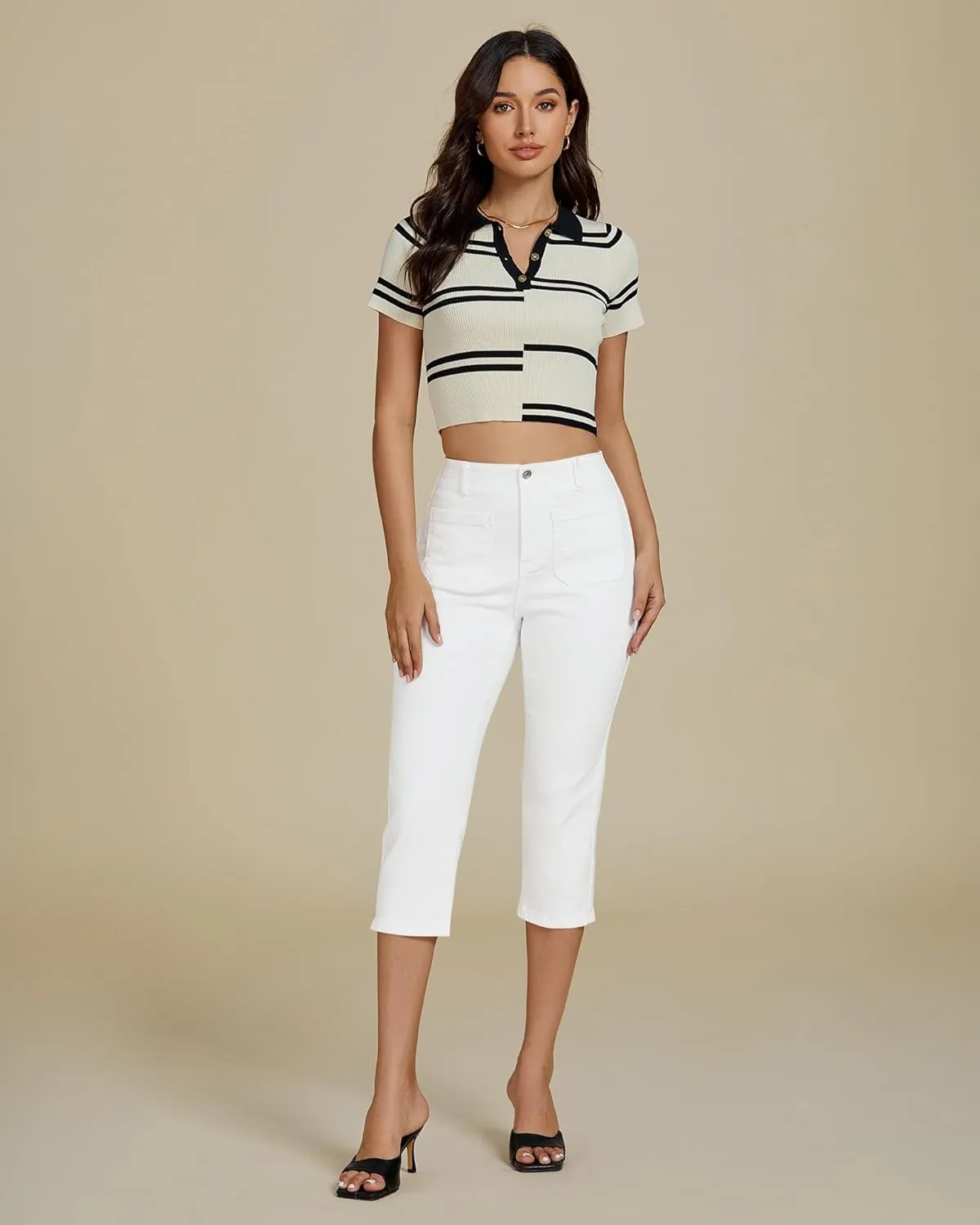 luvamia Capris Jeans for Women Trendy High Waisted Patch Pocket Casual Summer Cropped Stretchy Denim Skinny Capri Pants