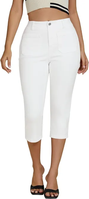 luvamia Capris Jeans for Women Trendy High Waisted Patch Pocket Casual Summer Cropped Stretchy Denim Skinny Capri Pants