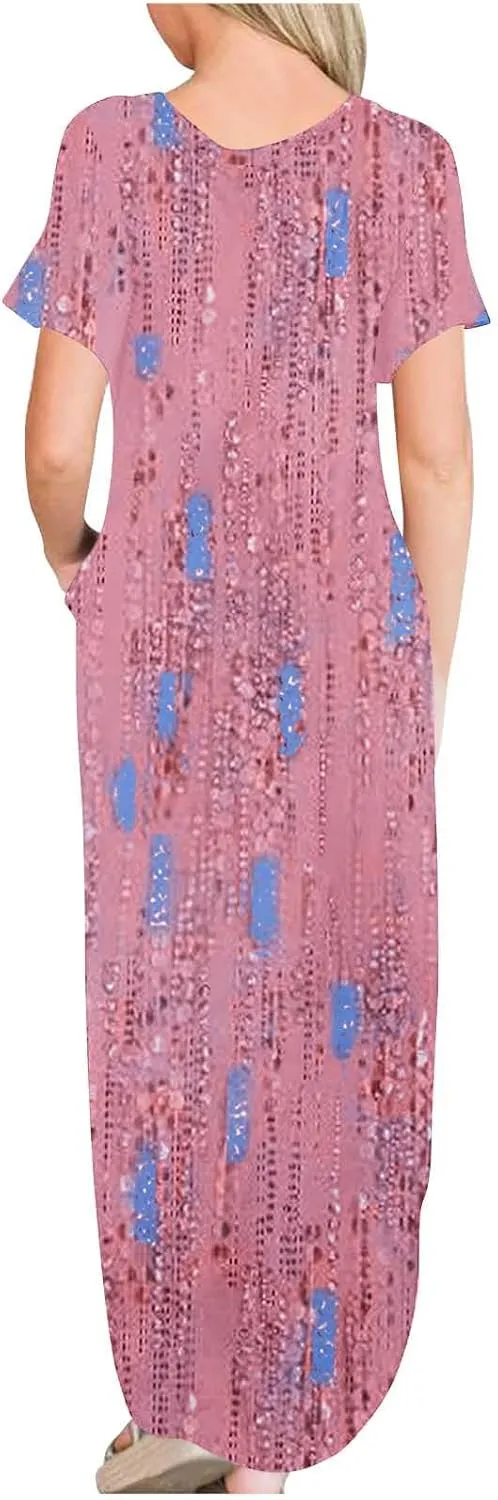 Maxi Dresses for Women Short Sleeve Colorful Flower Graphic Sundresses Loose Trendy Casual Long Dresses