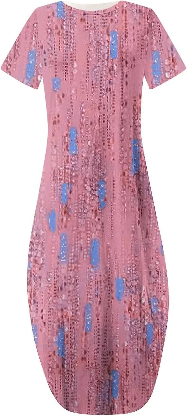 Maxi Dresses for Women Short Sleeve Colorful Flower Graphic Sundresses Loose Trendy Casual Long Dresses