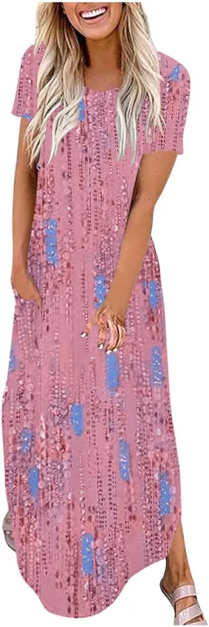Maxi Dresses for Women Short Sleeve Colorful Flower Graphic Sundresses Loose Trendy Casual Long Dresses