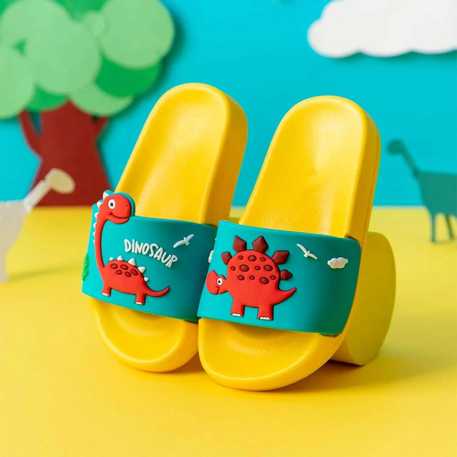 MEMON Toddler Little Kids Dinosaur Beach/Pool/Shower Slides/Anti-Skid Home Bath Slippers/Cute Summer Outdoor Shoes for Girls and Boys