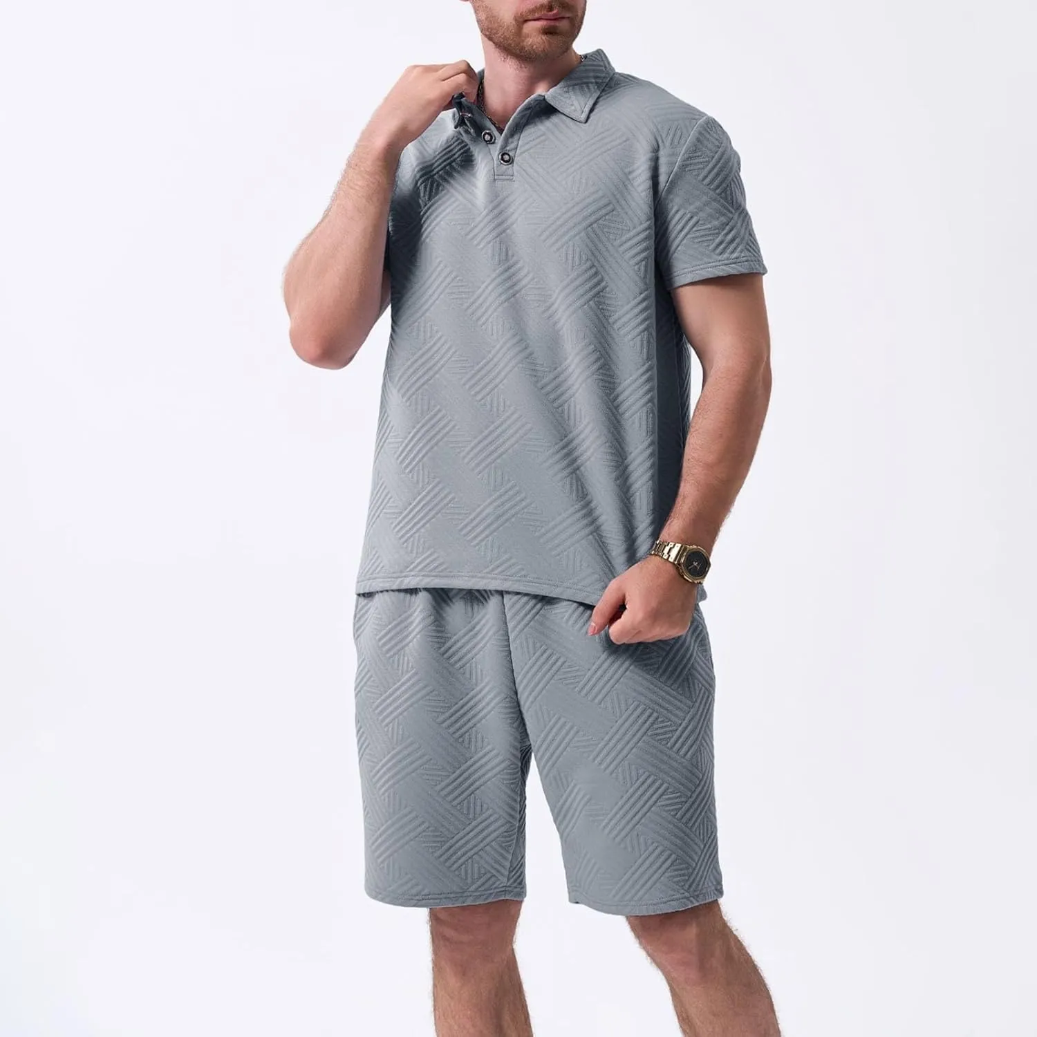 Men Summer Casual Short Sets Solid Color Short Sleeve Pocket Button Down Shirt Elastic Shorts 2 Piece Outfits Tracksuit