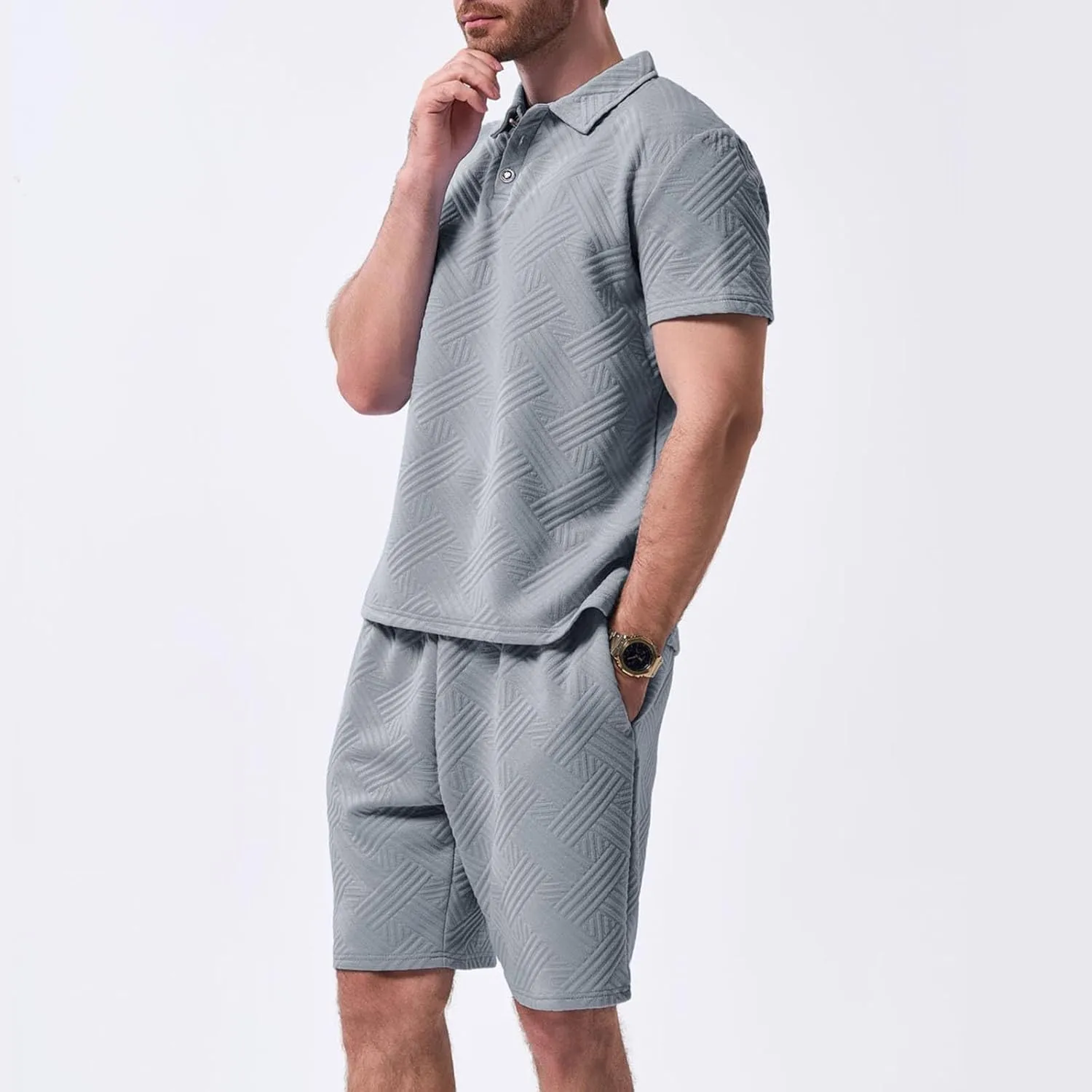 Men Summer Casual Short Sets Solid Color Short Sleeve Pocket Button Down Shirt Elastic Shorts 2 Piece Outfits Tracksuit