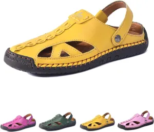 Men's and Women's Handmade Leather Fisherman Sandals - Closed Toe Slip-On Breathable Design with Non-Slip Sole Summer Outdoor Beach Shoes