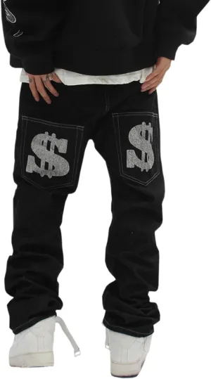 Men's Baggy Jeans Streetwear Fashion Printed Hip Hop Loose Fit Straight Leg Denim Pant Trousers with Multi Pockets