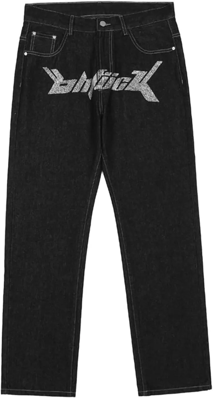Men's Baggy Jeans Streetwear Fashion Printed Hip Hop Loose Fit Straight Leg Denim Pant Trousers with Multi Pockets