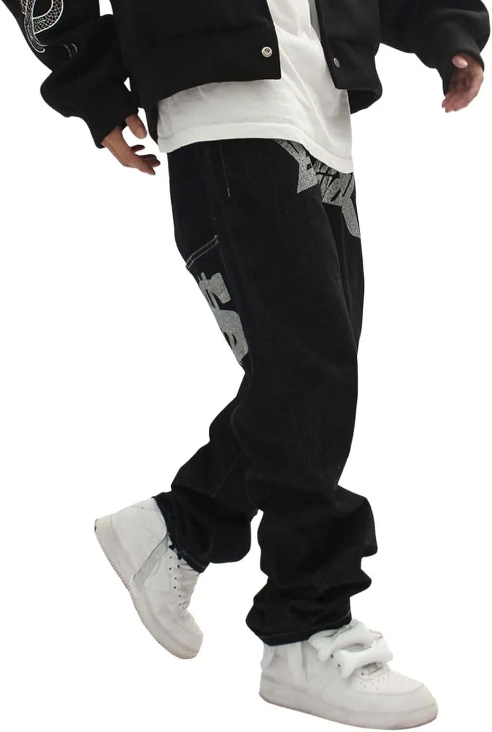 Men's Baggy Jeans Streetwear Fashion Printed Hip Hop Loose Fit Straight Leg Denim Pant Trousers with Multi Pockets