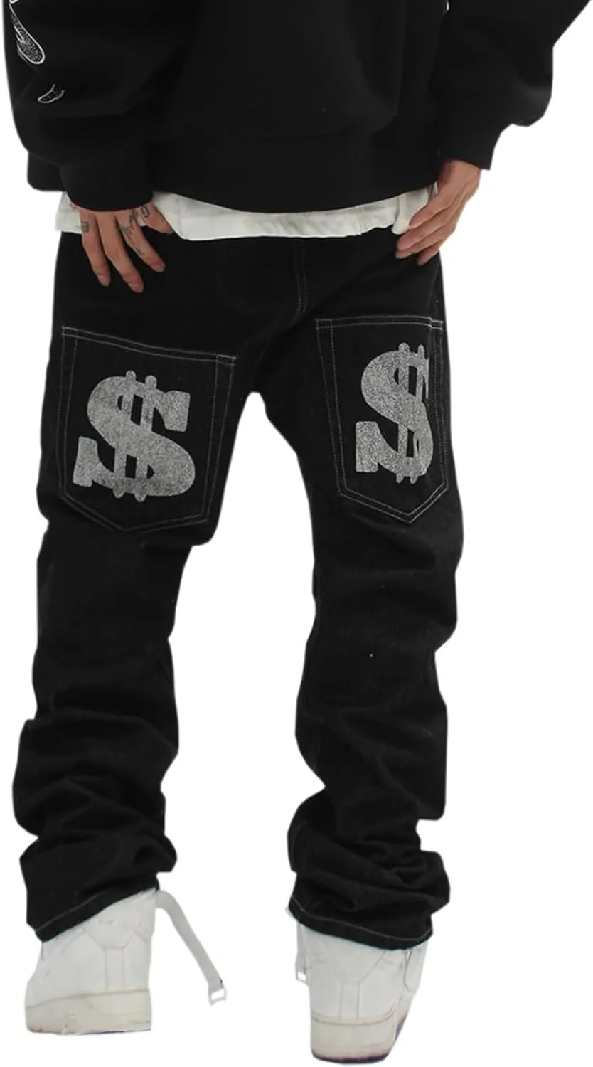 Men's Baggy Jeans Streetwear Fashion Printed Hip Hop Loose Fit Straight Leg Denim Pant Trousers with Multi Pockets