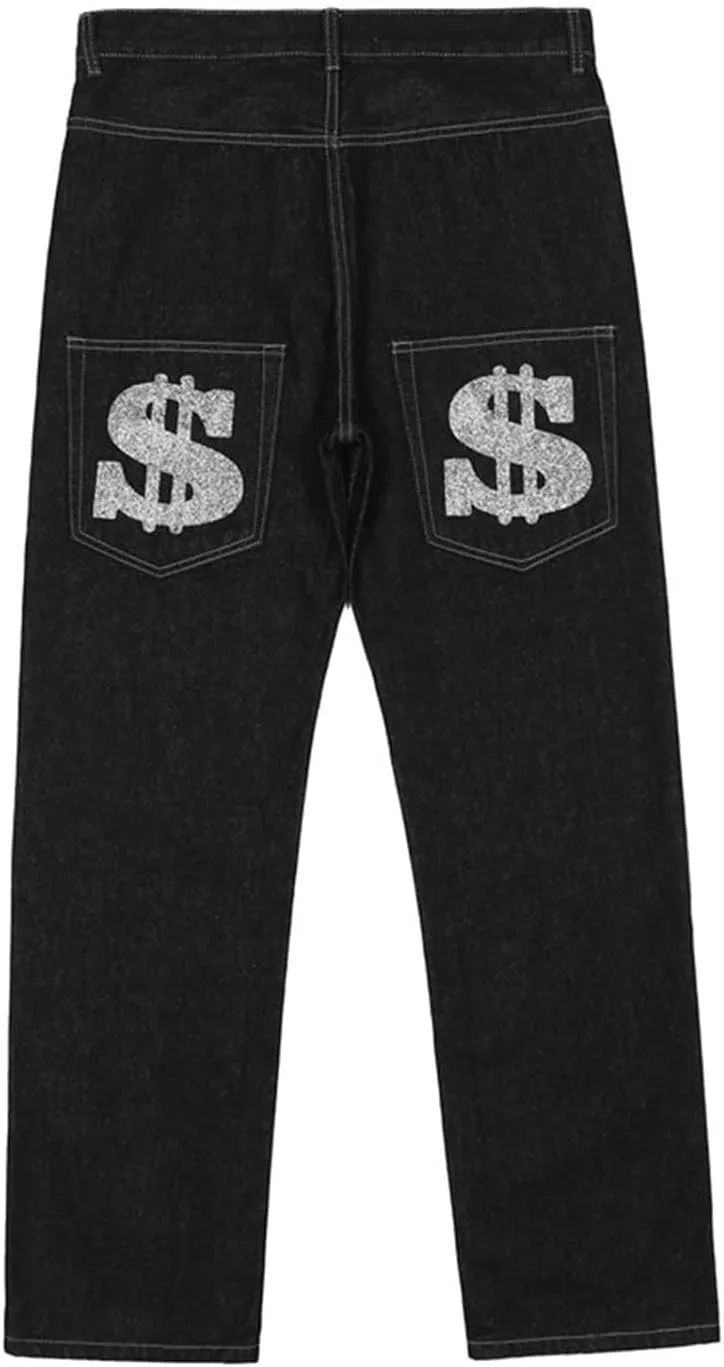 Men's Baggy Jeans Streetwear Fashion Printed Hip Hop Loose Fit Straight Leg Denim Pant Trousers with Multi Pockets