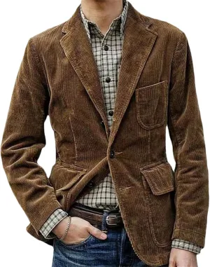 Men's Casual Corduroy Blazer Vintage Notch Lapel Regular Fit Suit Jacket Three Button Sport Coat