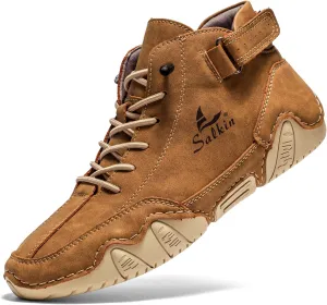 Men's Chukka Boots Non Slip Ankle Boots Leather Casual Boots for Men Slip on Lightweight Loafers Walking Driving Shoes Gold