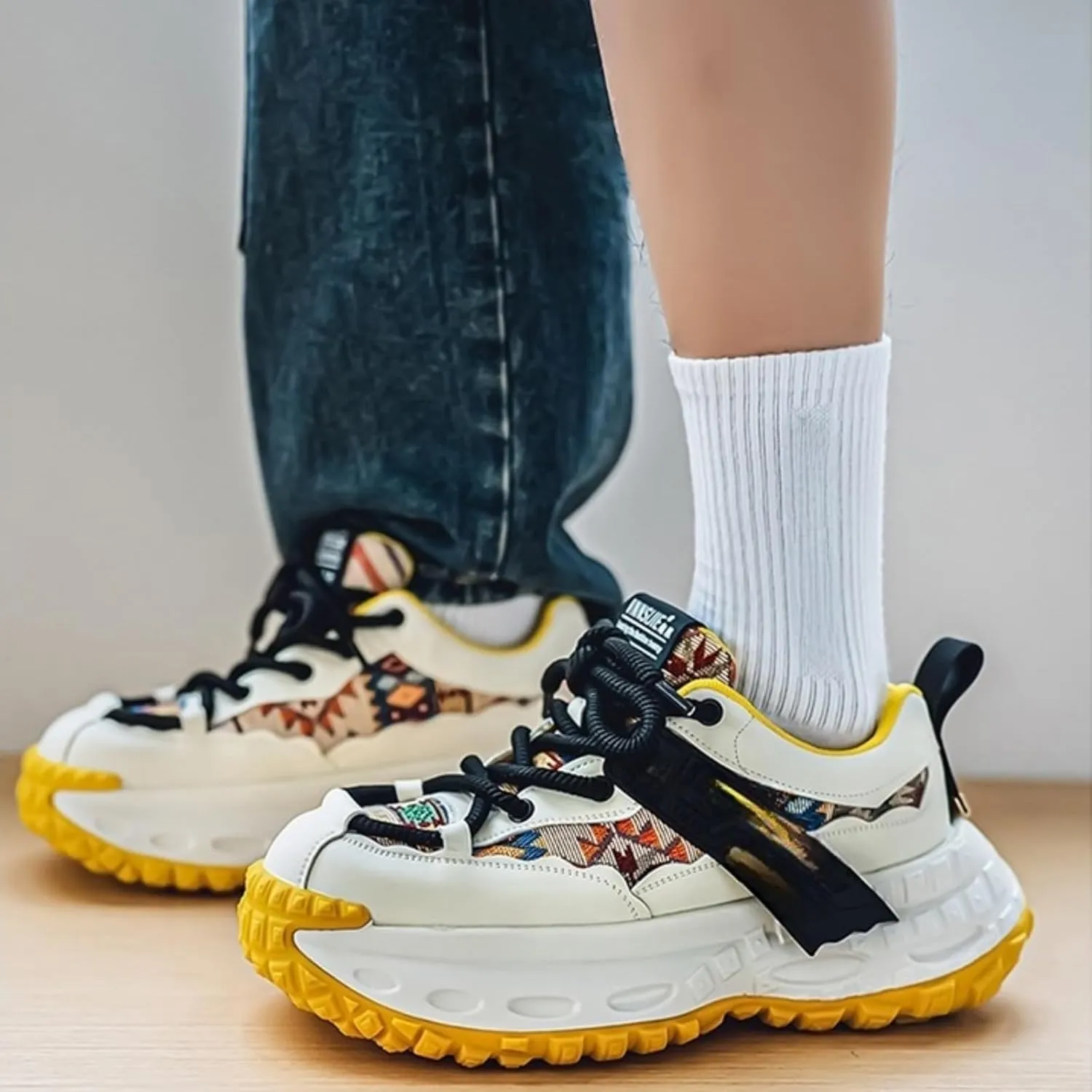 Men's Fashion Leather Lace Up Platform Sneakers Casual Round Toe Low Top Walking Running Sport Shoes for Daily Commutes