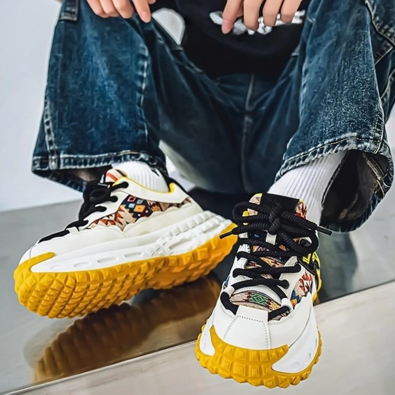 Men's Fashion Leather Lace Up Platform Sneakers Casual Round Toe Low Top Walking Running Sport Shoes for Daily Commutes