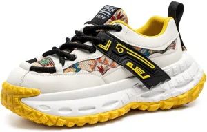 Men's Fashion Leather Lace Up Platform Sneakers Casual Round Toe Low Top Walking Running Sport Shoes for Daily Commutes