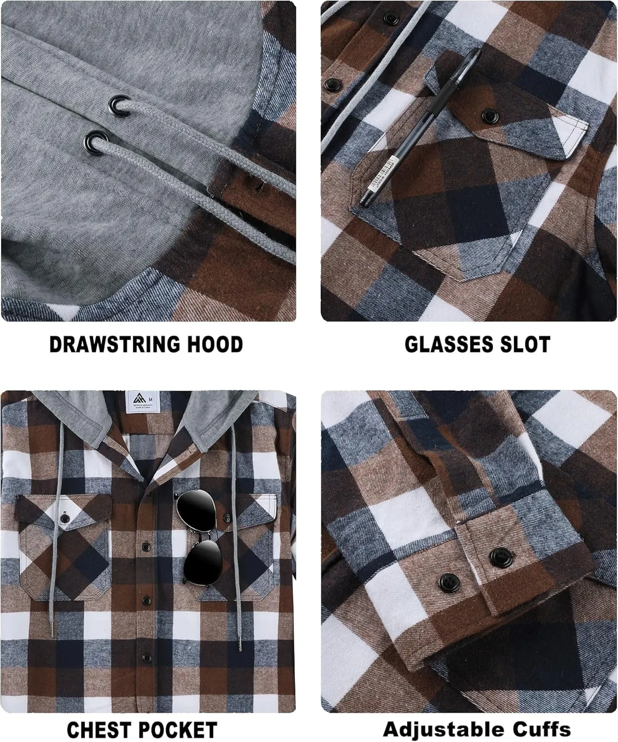 Mens Flannel Hooded Shirt Long Sleeve Fashion Plaid Hoodie Button Down Shirts with Pocket