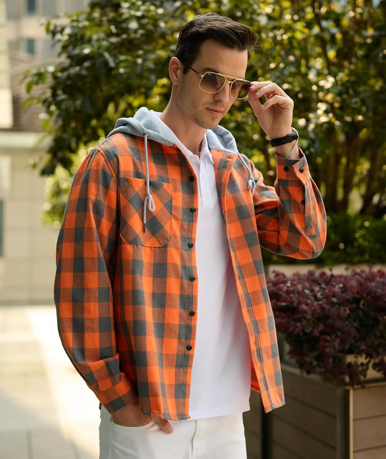 Mens Flannel Hooded Shirt Long Sleeve Fashion Plaid Hoodie Button Down Shirts with Pocket