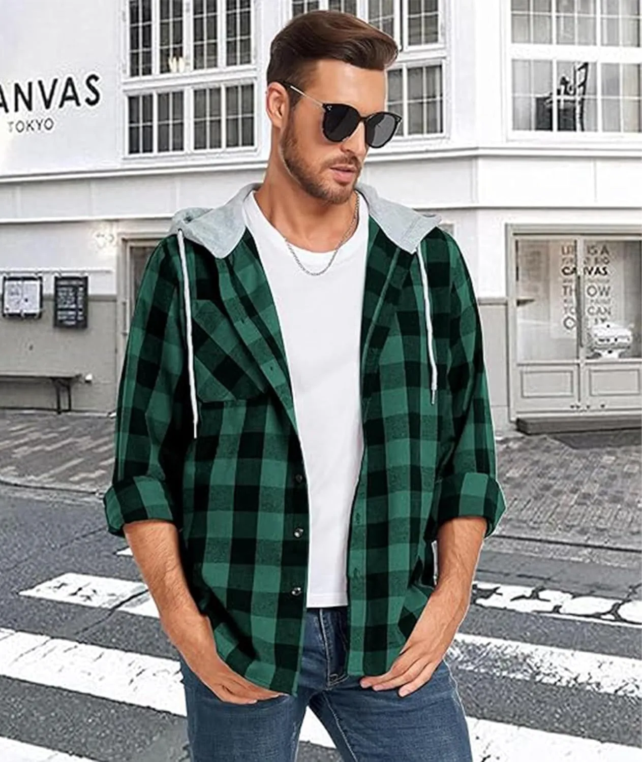 Mens Flannel Hooded Shirt Long Sleeve Fashion Plaid Hoodie Button Down Shirts with Pocket