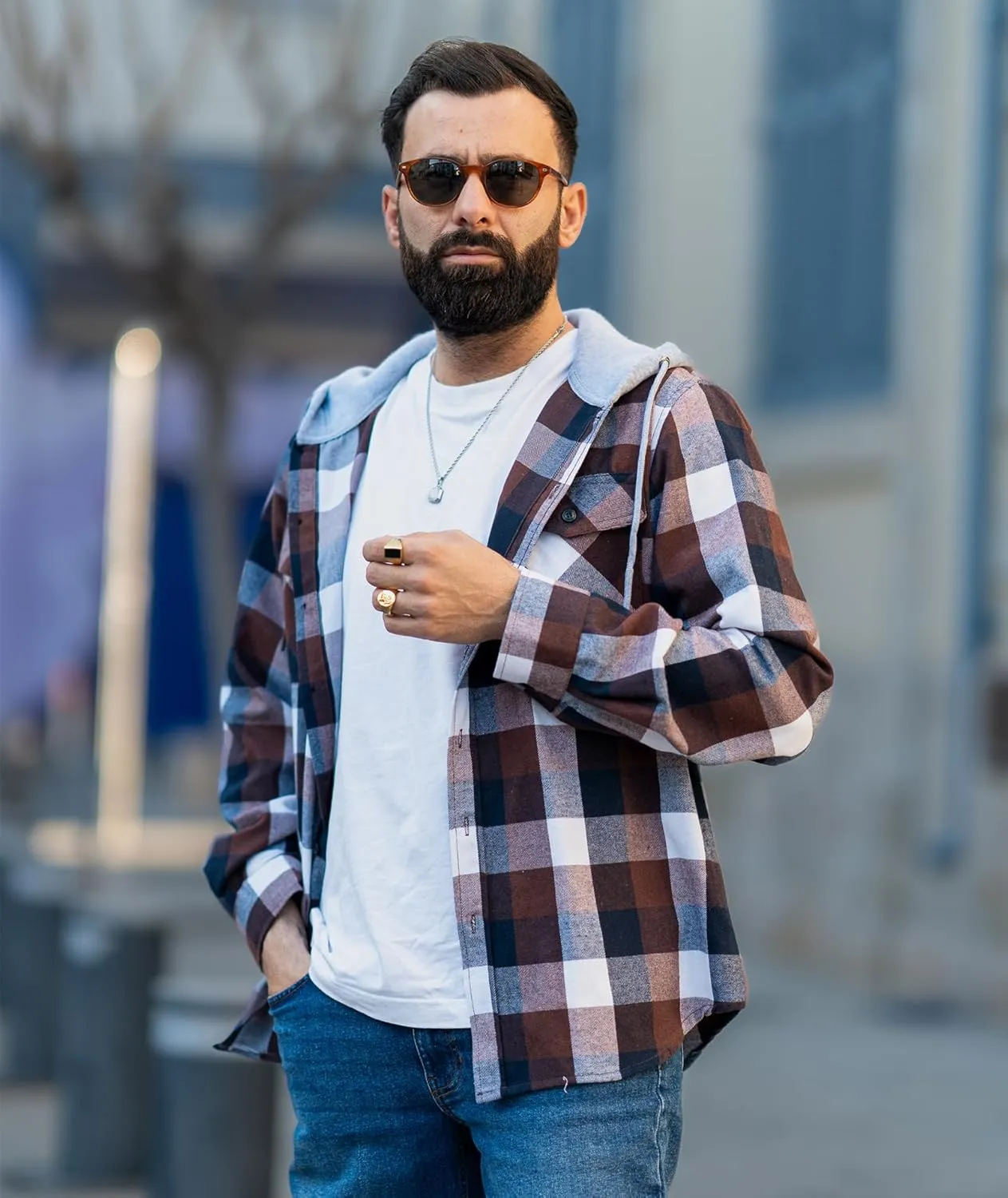 Mens Flannel Hooded Shirt Long Sleeve Fashion Plaid Hoodie Button Down Shirts with Pocket