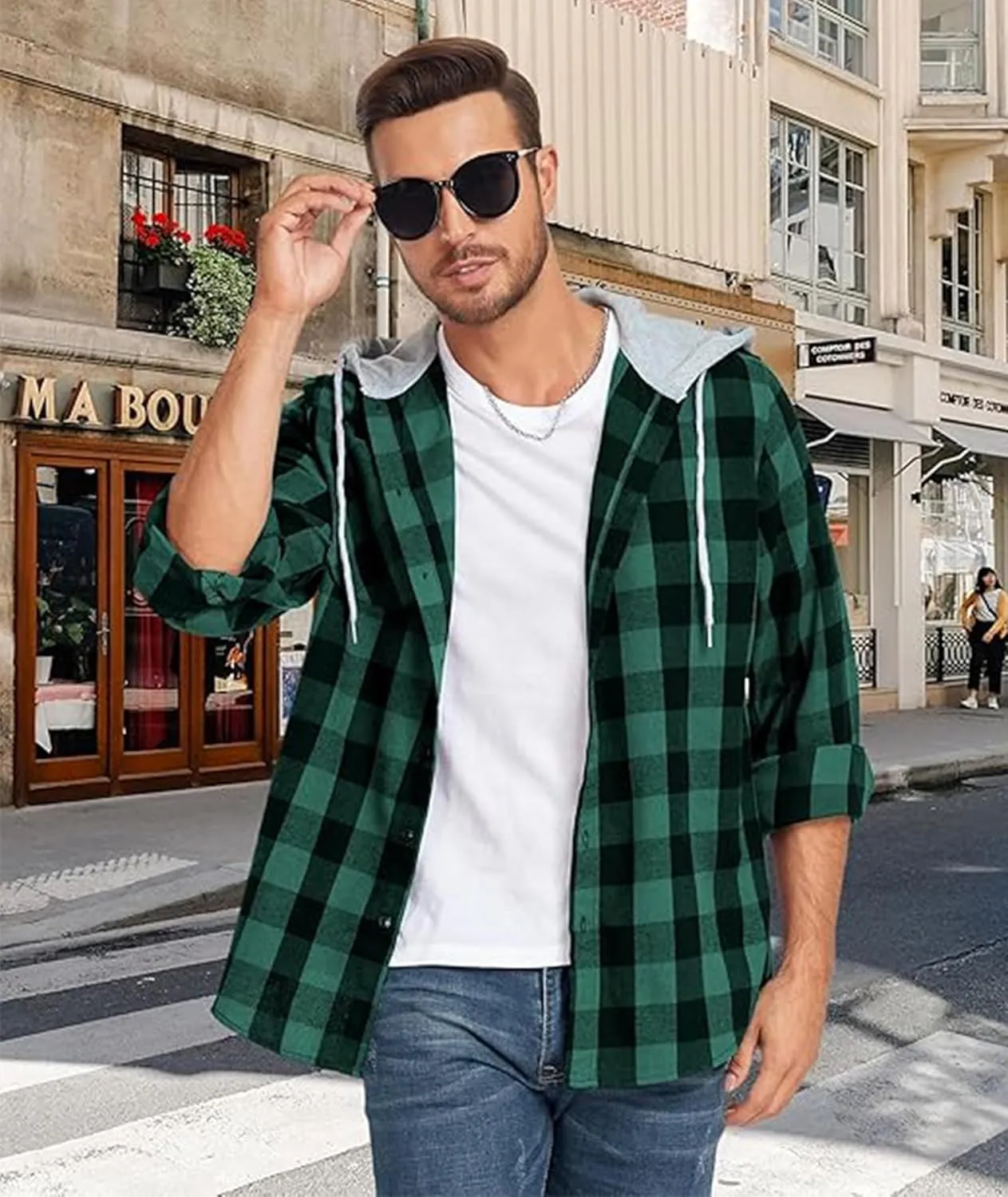 Mens Flannel Hooded Shirt Long Sleeve Fashion Plaid Hoodie Button Down Shirts with Pocket