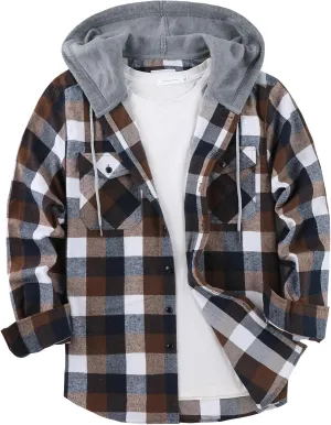 Mens Flannel Hooded Shirt Long Sleeve Fashion Plaid Hoodie Button Down Shirts with Pocket