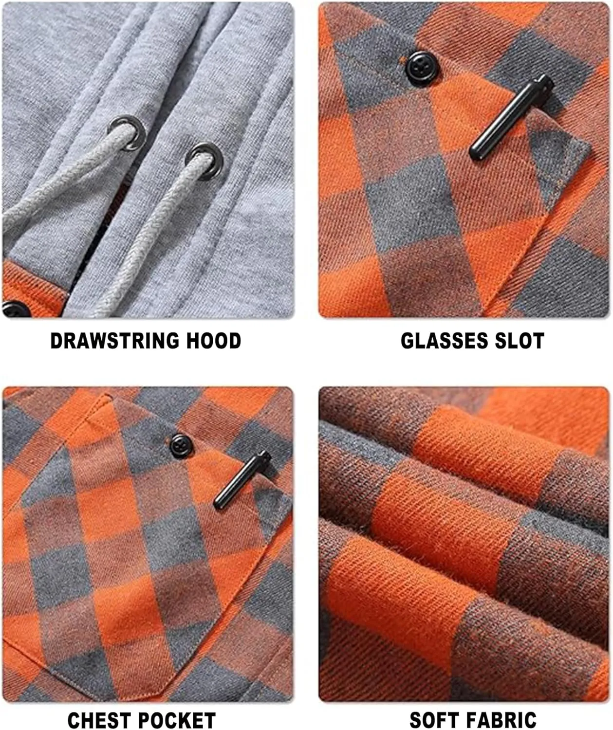 Mens Flannel Hooded Shirt Long Sleeve Fashion Plaid Hoodie Button Down Shirts with Pocket