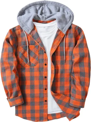 Mens Flannel Hooded Shirt Long Sleeve Fashion Plaid Hoodie Button Down Shirts with Pocket