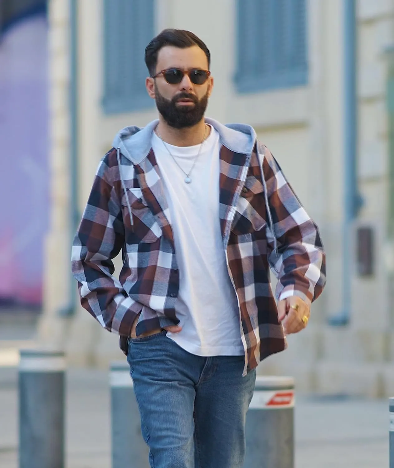 Mens Flannel Hooded Shirt Long Sleeve Fashion Plaid Hoodie Button Down Shirts with Pocket