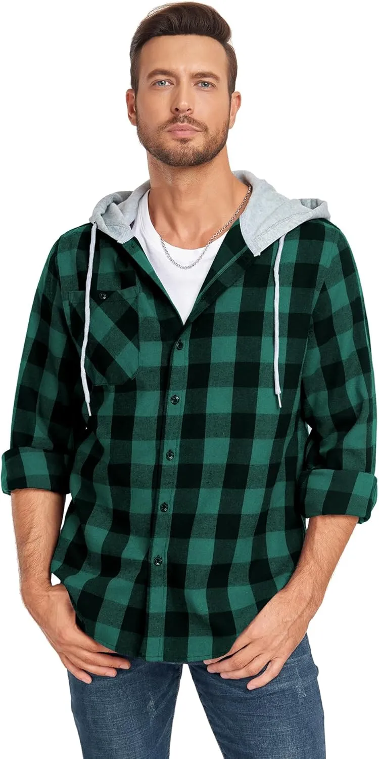 Mens Flannel Hooded Shirt Long Sleeve Fashion Plaid Hoodie Button Down Shirts with Pocket