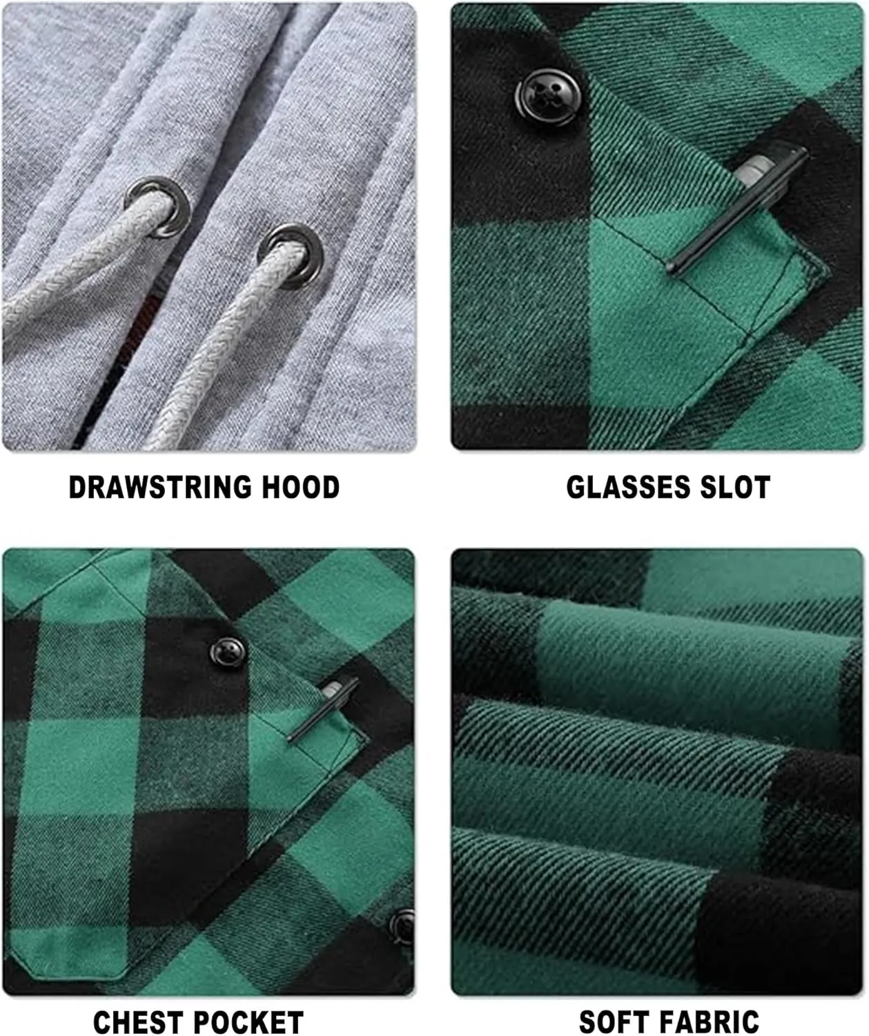 Mens Flannel Hooded Shirt Long Sleeve Fashion Plaid Hoodie Button Down Shirts with Pocket