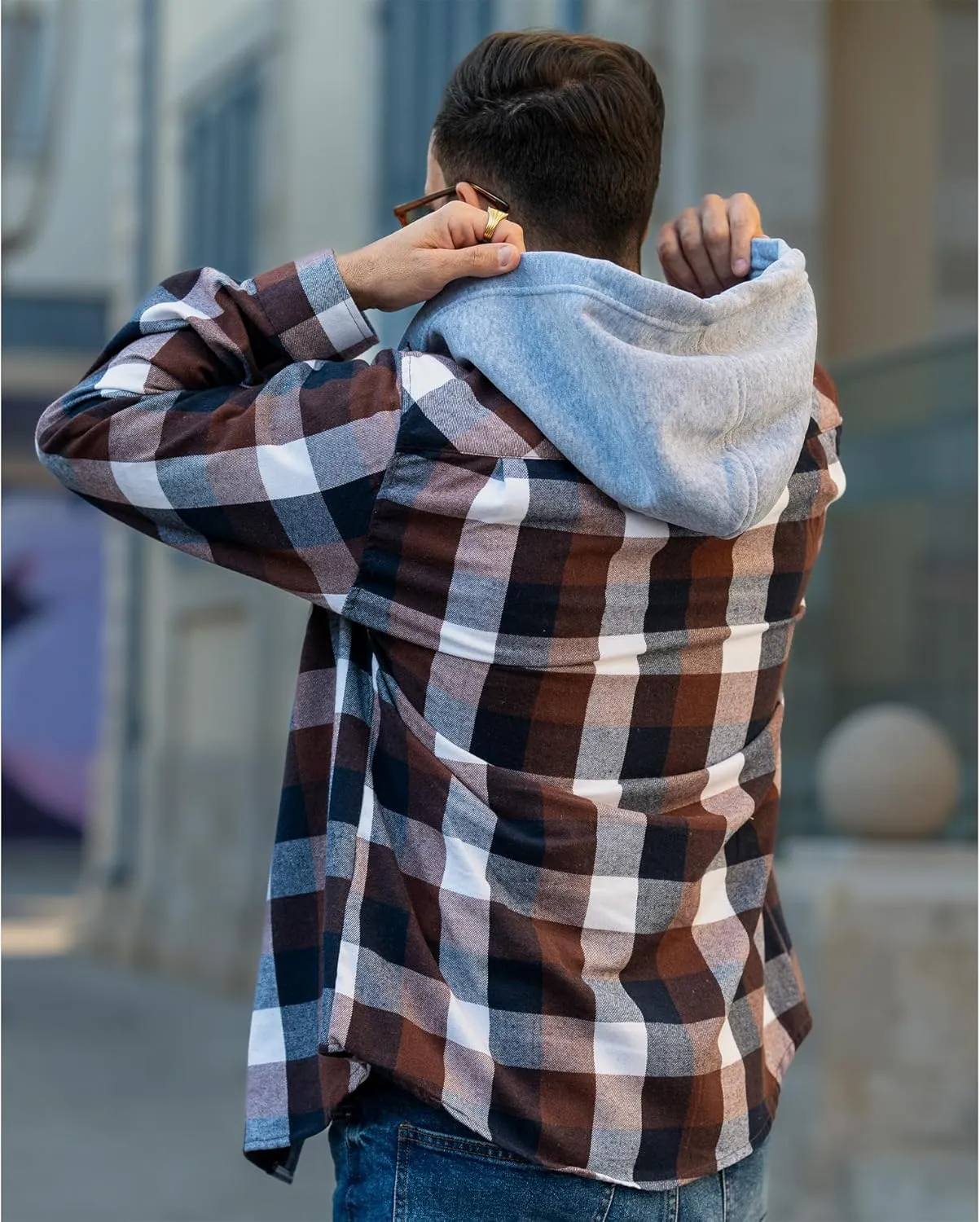 Mens Flannel Hooded Shirt Long Sleeve Fashion Plaid Hoodie Button Down Shirts with Pocket