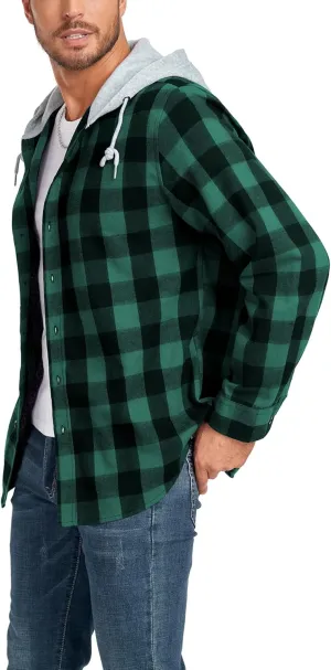 Mens Flannel Hooded Shirt Long Sleeve Fashion Plaid Hoodie Button Down Shirts with Pocket