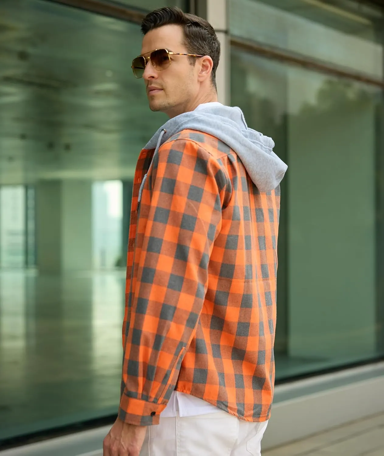 Mens Flannel Hooded Shirt Long Sleeve Fashion Plaid Hoodie Button Down Shirts with Pocket