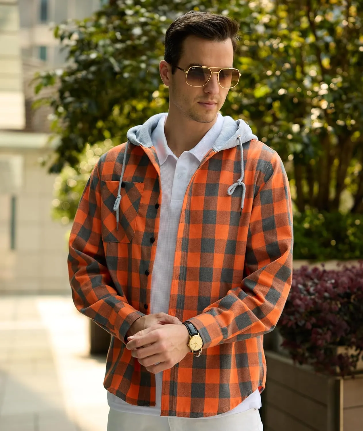 Mens Flannel Hooded Shirt Long Sleeve Fashion Plaid Hoodie Button Down Shirts with Pocket