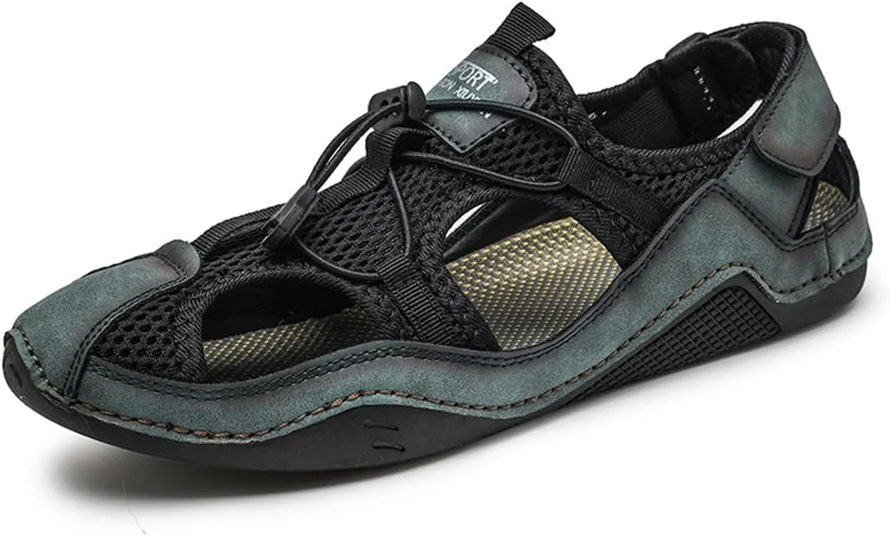 Men's Leather Cut Out Lace-Up Fisherman Sandals with Hook and Loop Summer Closed Toe Comfy Hiking Sports Beach Sandals for Outdoor Walking Driving