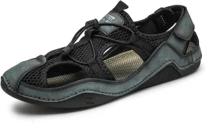 Men's Leather Cut Out Lace-Up Fisherman Sandals with Hook and Loop Summer Closed Toe Comfy Hiking Sports Beach Sandals for Outdoor Walking Driving