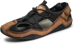 Men's Leather Cut Out Lace-Up Fisherman Sandals with Hook and Loop Summer Closed Toe Comfy Hiking Sports Beach Sandals for Outdoor Walking Driving