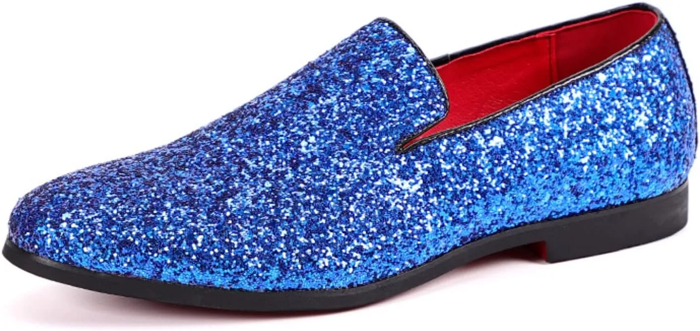 Men's Leather Round Toe Sequined Loafers Slip-On Glitter Fashion Sparkly Casual Shoes Dress Shoes for Prom Party Dating