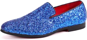 Men's Leather Round Toe Sequined Loafers Slip-On Glitter Fashion Sparkly Casual Shoes Dress Shoes for Prom Party Dating