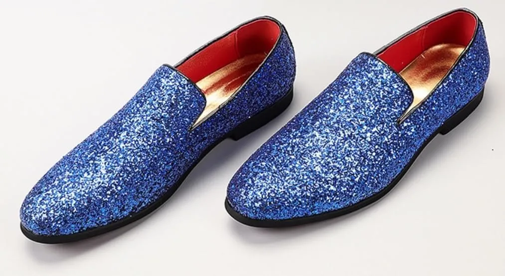Men's Leather Round Toe Sequined Loafers Slip-On Glitter Fashion Sparkly Casual Shoes Dress Shoes for Prom Party Dating