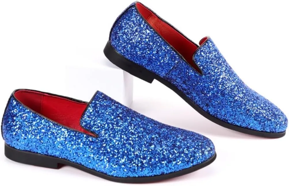 Men's Leather Round Toe Sequined Loafers Slip-On Glitter Fashion Sparkly Casual Shoes Dress Shoes for Prom Party Dating