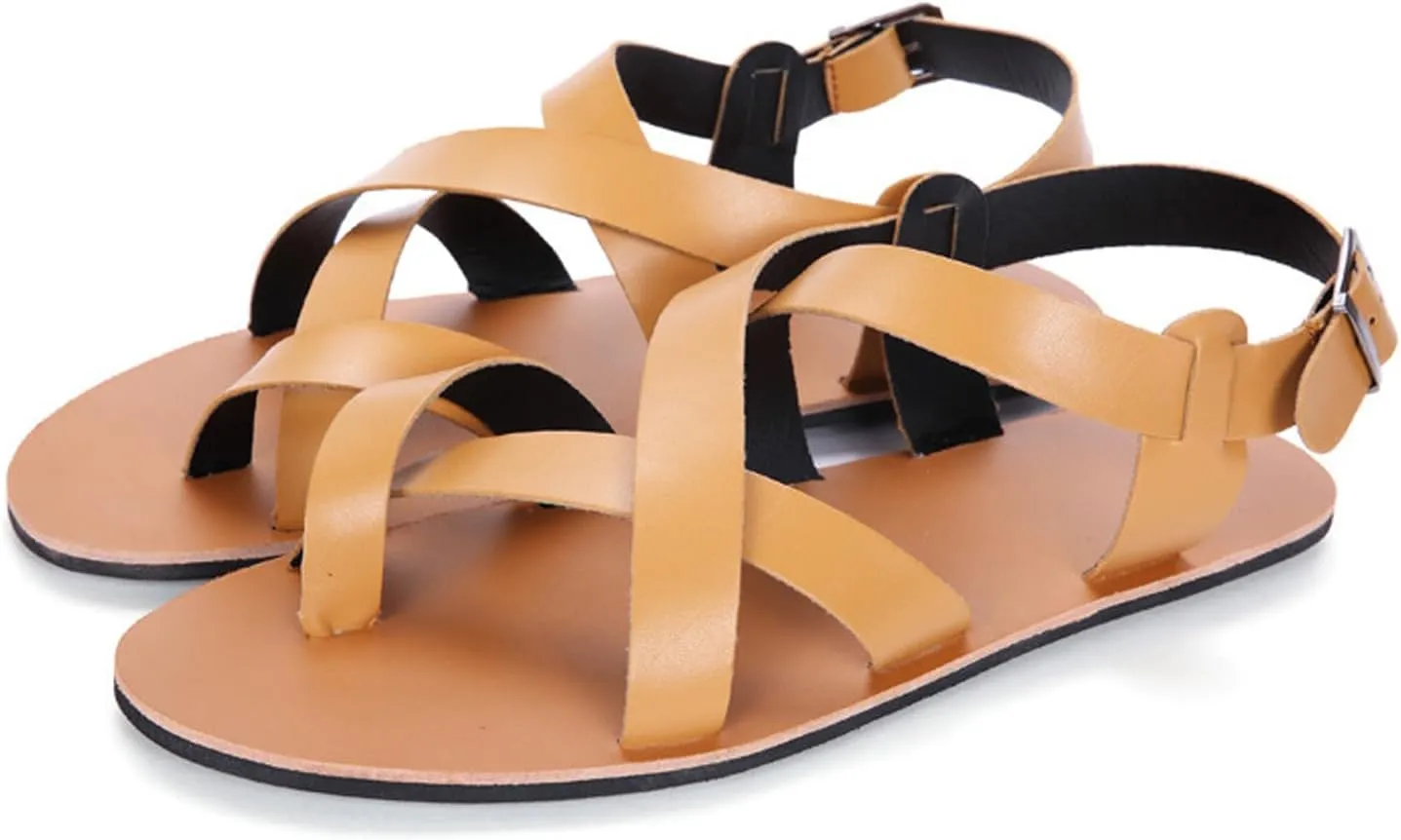 Men's Leather toe ring Flat Gladiator Sandals Fashion Cross Straps Round Open Toe Slip-On Clip Toe Beach Sandals with Adjustable Metal Buckle Summer Casual soft Walking Sandals