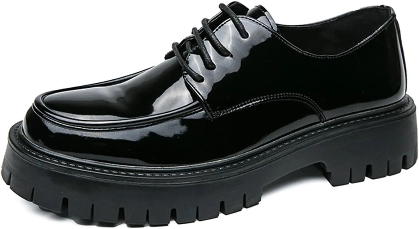 Men's Lug Sole Lace Up Platform Dress Loafers,Fashion Patent Leather Round Toe Slip On Non Slip Thick Sole Increase Height Oxfords Casual Formal Work Penny Shoes