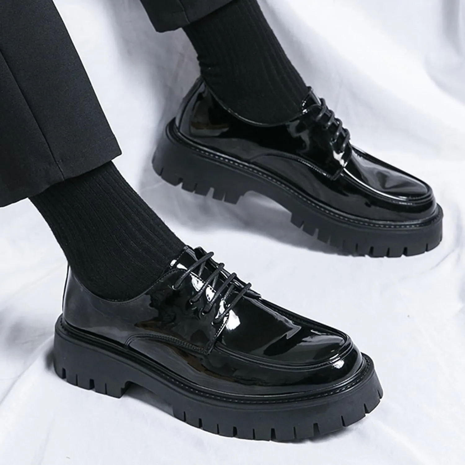 Men's Lug Sole Lace Up Platform Dress Loafers,Fashion Patent Leather Round Toe Slip On Non Slip Thick Sole Increase Height Oxfords Casual Formal Work Penny Shoes