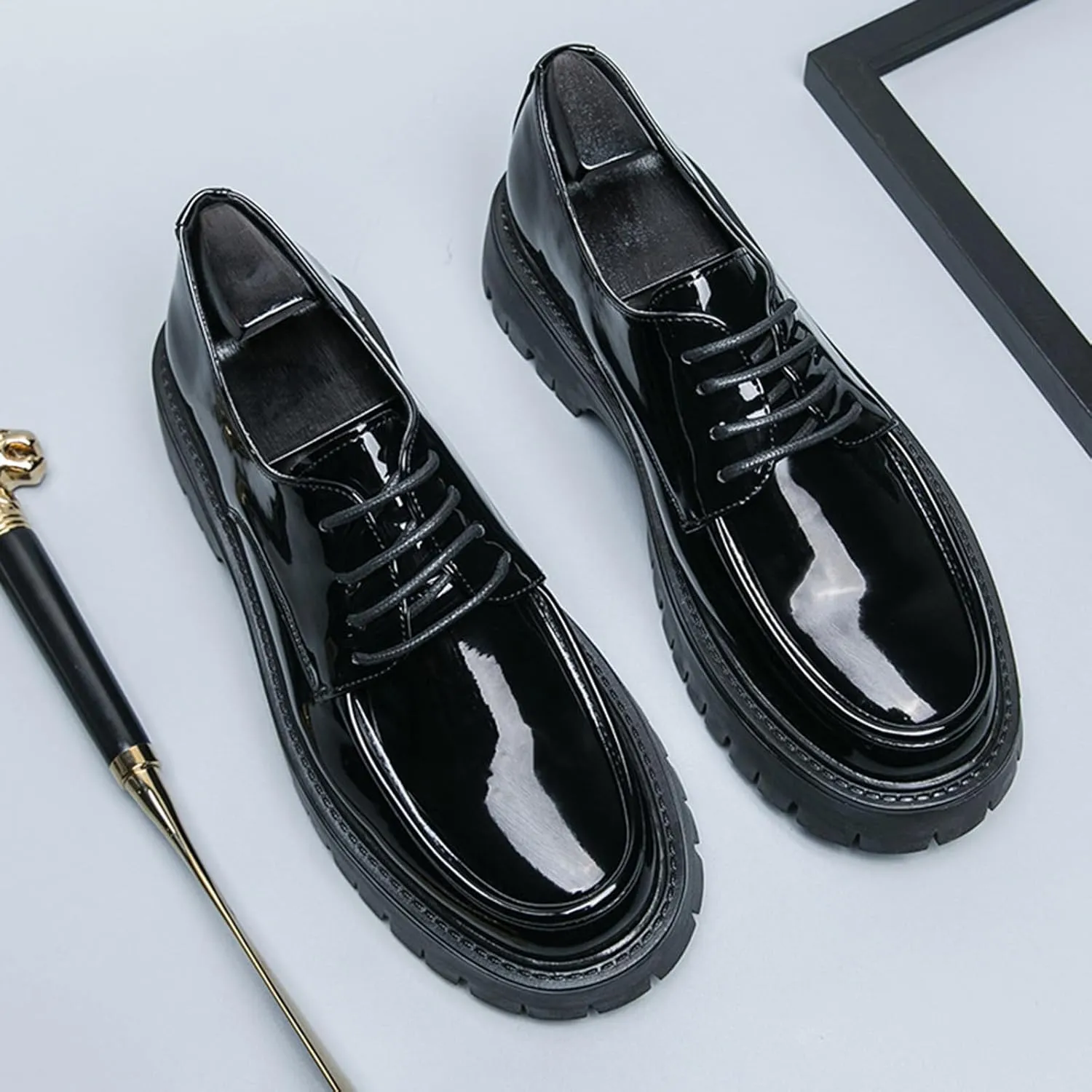 Men's Lug Sole Lace Up Platform Dress Loafers,Fashion Patent Leather Round Toe Slip On Non Slip Thick Sole Increase Height Oxfords Casual Formal Work Penny Shoes