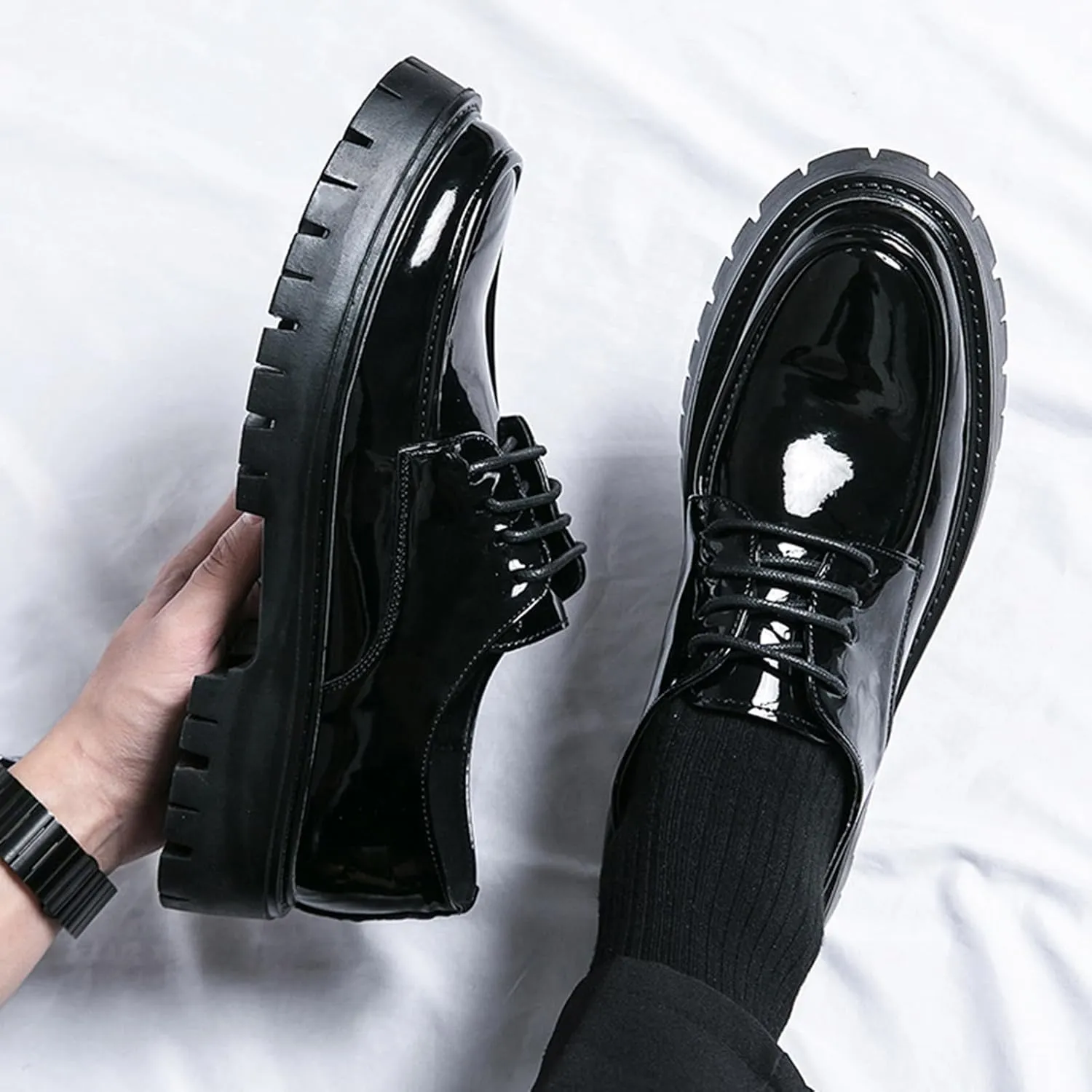 Men's Lug Sole Lace Up Platform Dress Loafers,Fashion Patent Leather Round Toe Slip On Non Slip Thick Sole Increase Height Oxfords Casual Formal Work Penny Shoes