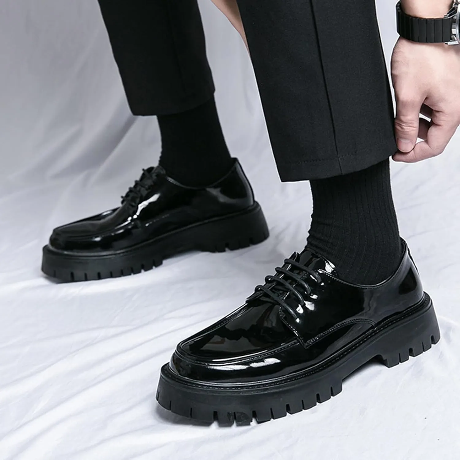 Men's Lug Sole Lace Up Platform Dress Loafers,Fashion Patent Leather Round Toe Slip On Non Slip Thick Sole Increase Height Oxfords Casual Formal Work Penny Shoes