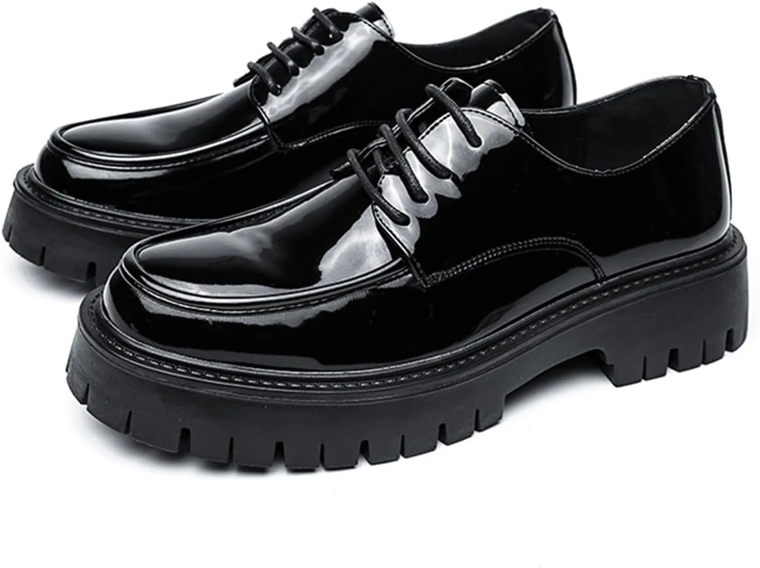 Men's Lug Sole Lace Up Platform Dress Loafers,Fashion Patent Leather Round Toe Slip On Non Slip Thick Sole Increase Height Oxfords Casual Formal Work Penny Shoes